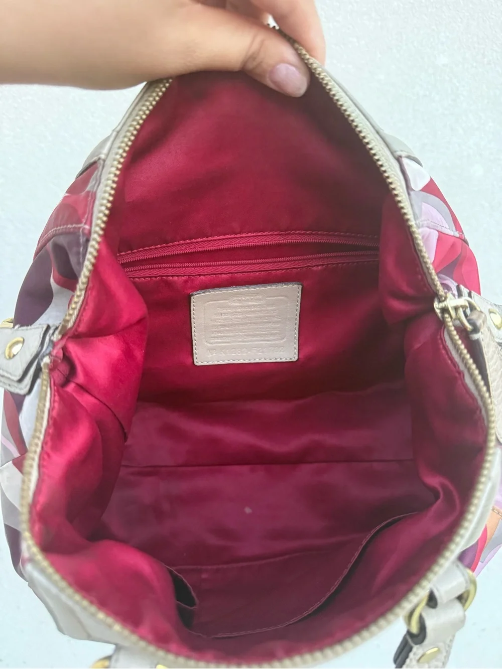 Coach Multicolor Circle Print Satchel in Taupe, Red & Pink